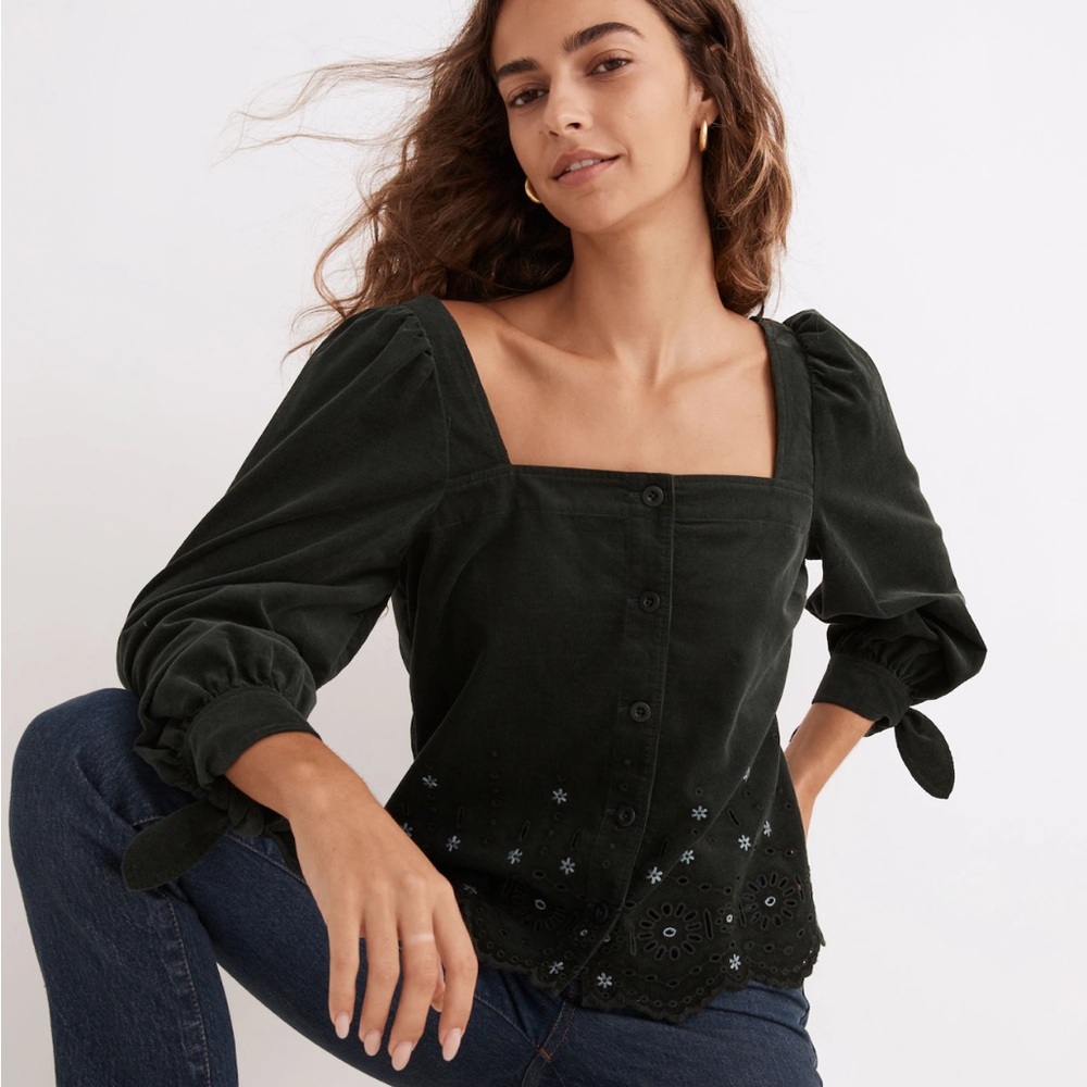 Madewell Embroidered Eyelet Corduroy Tie-Sleeve Top